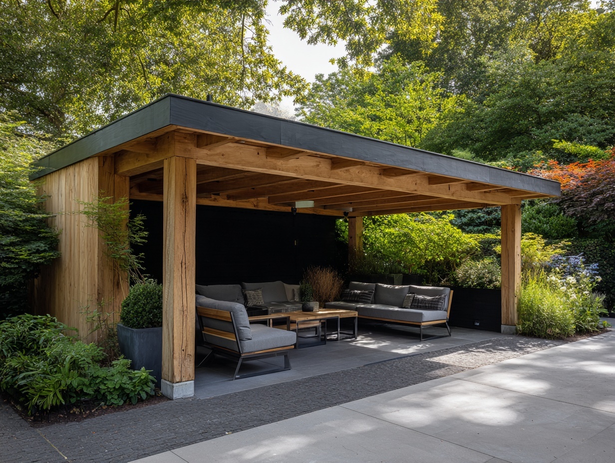 Moderne overkapping met loungeset in groene tuin