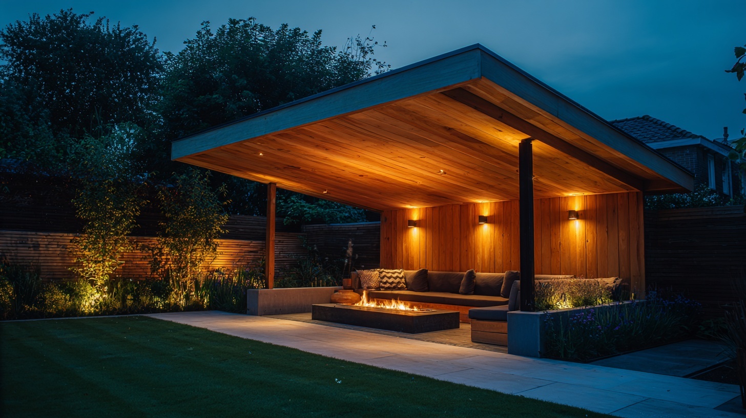 Luxe overkapping met sfeerverlichting in de avond