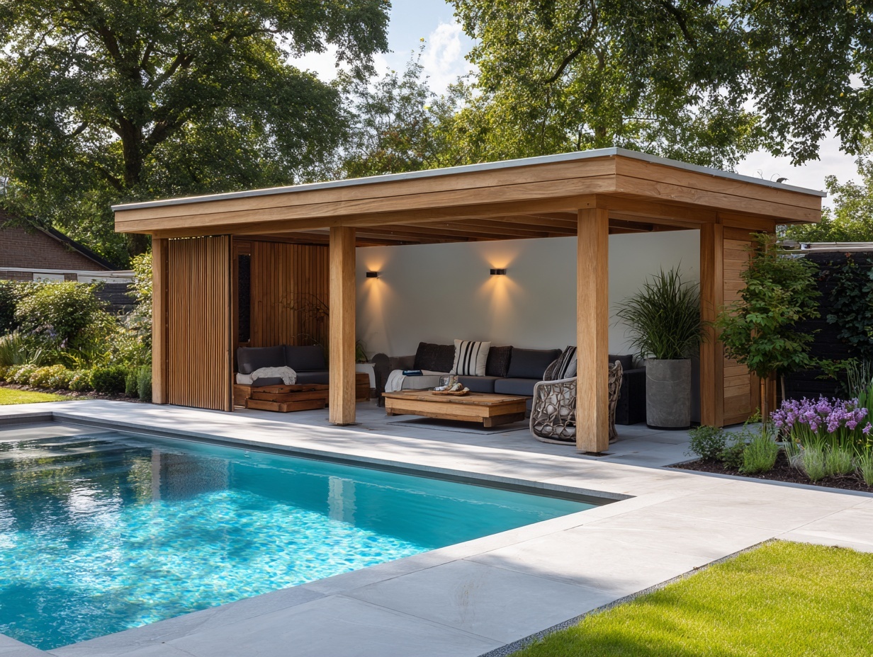Poolhouse met houten lamellen bij zwembad