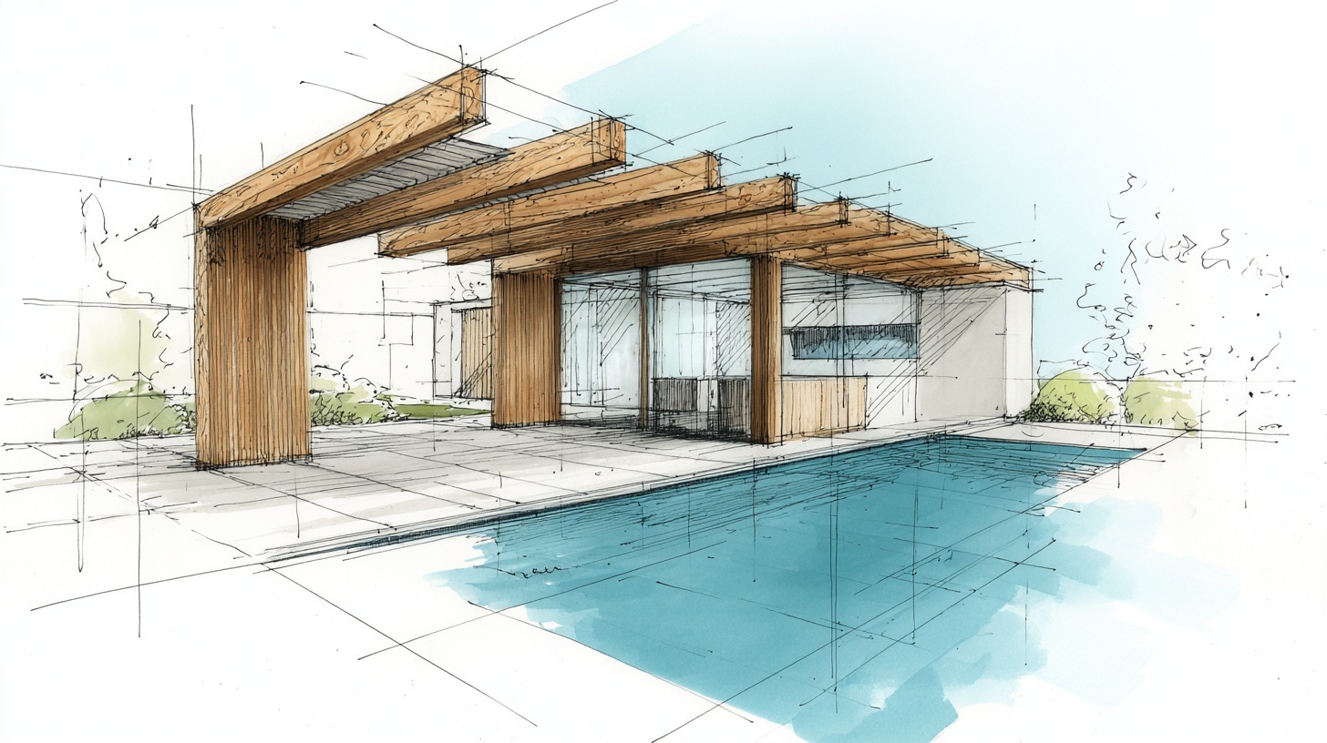 Architecturale schets poolhouse met zwembad
