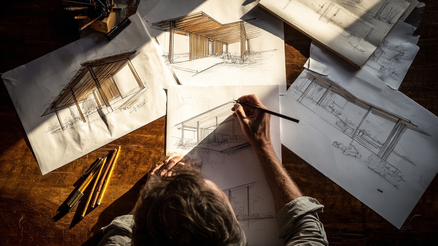 Bovenaanzicht ontwerper met meerdere schetsen